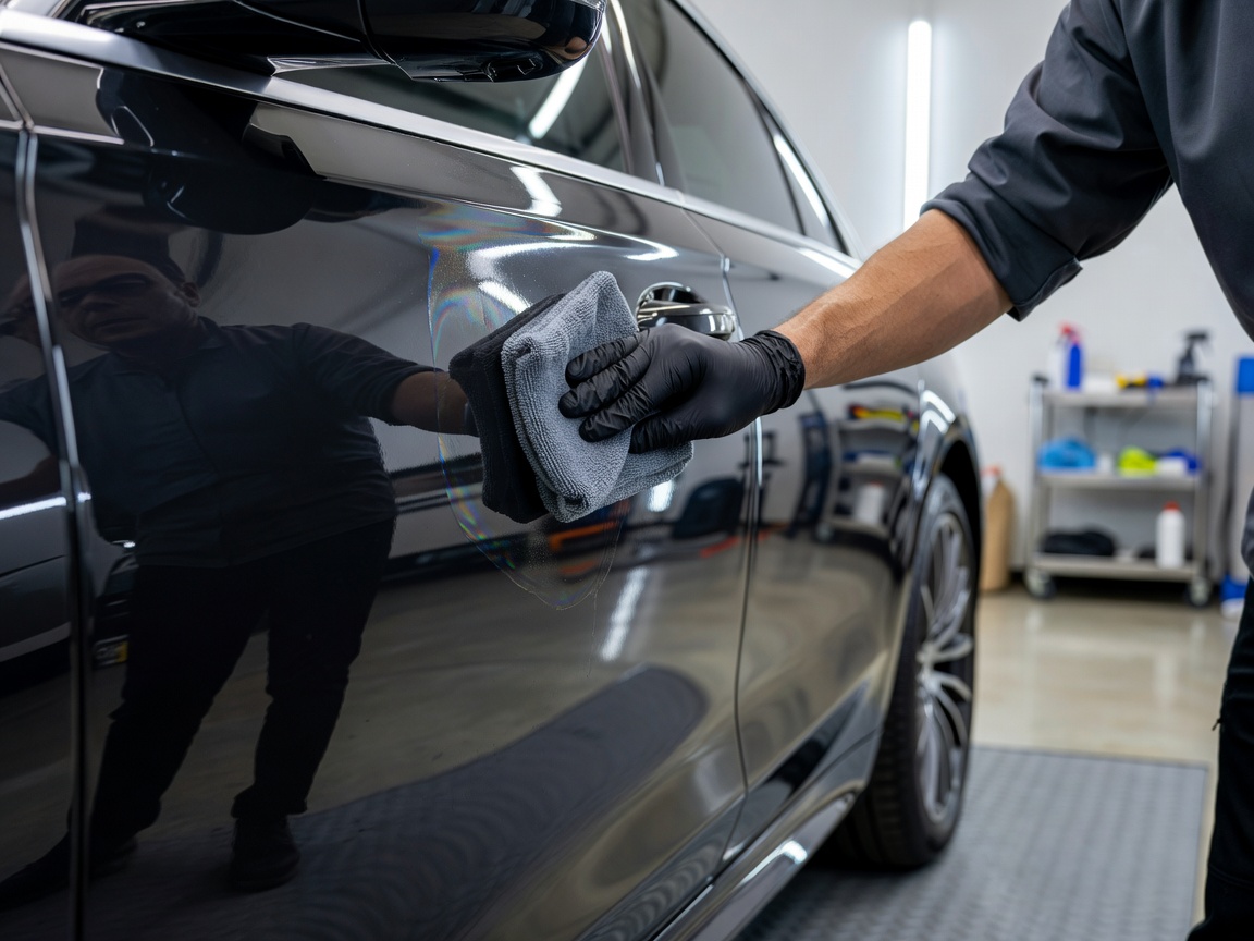 A detailing technician applying a liquid ceramic coating to a car panel using an applicator pad