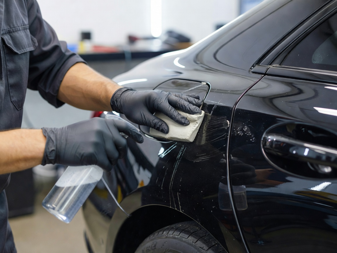 A detailer using a clay bar and lubricant on a car body panel to remove contamination