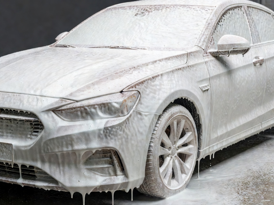 A vehicle covered in thick white snow foam during the pre-wash detailing stage