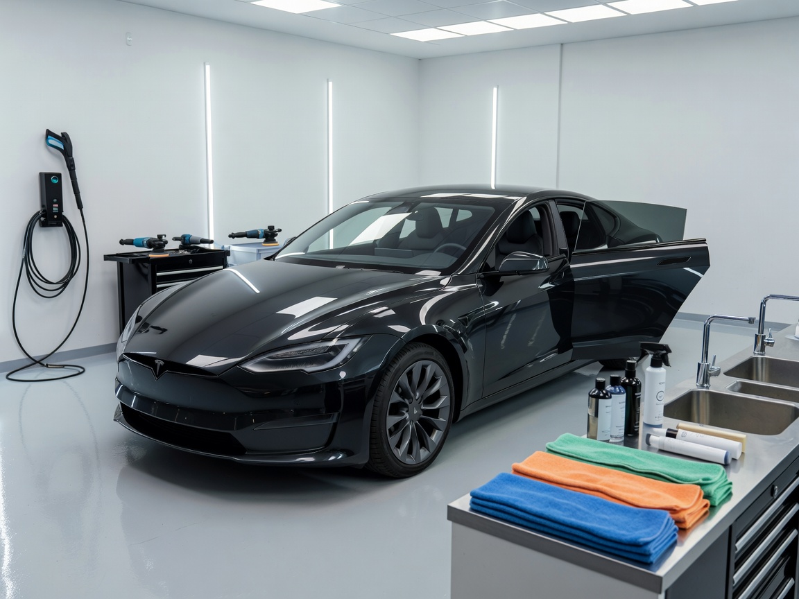 A modern, well-lit detailing workshop bay showing a clean vehicle interior and exterior preparation area