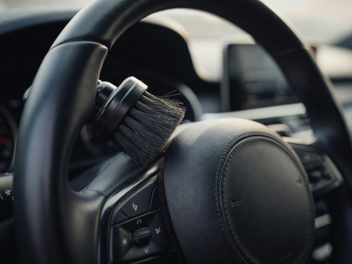 Close up of a detailing brush cleaning the crevices of a modern leather steering wheel